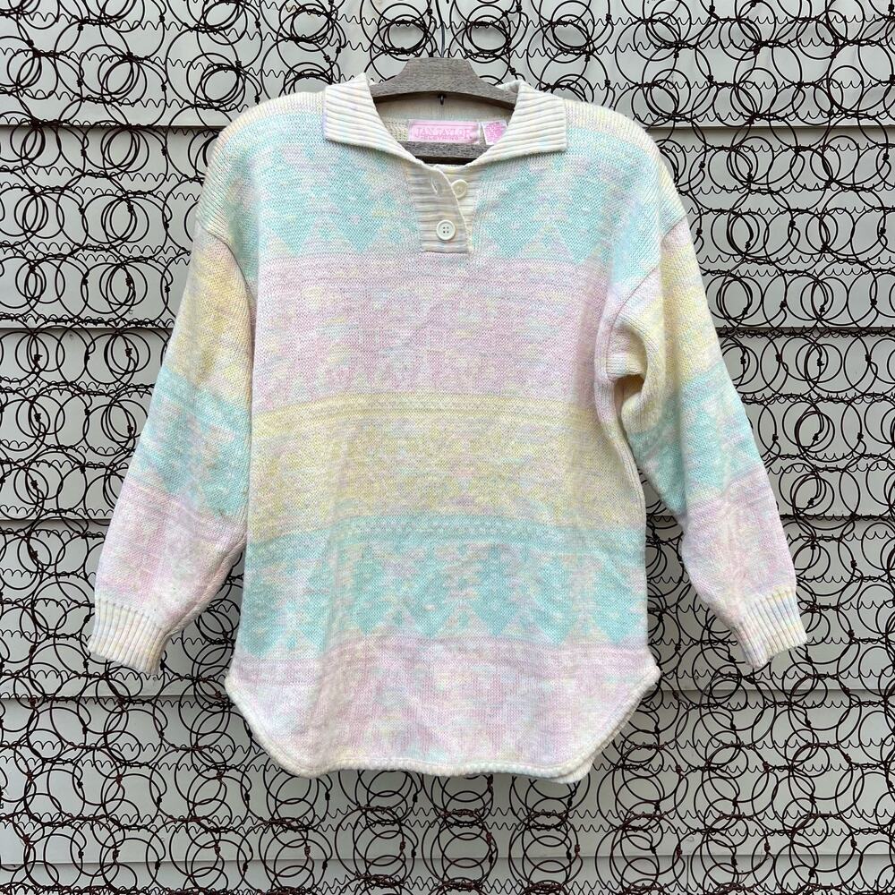 VTG Jan Taylor Pastel Stripe Henley Fair Isle Sweater pink green yellow MEDIUM